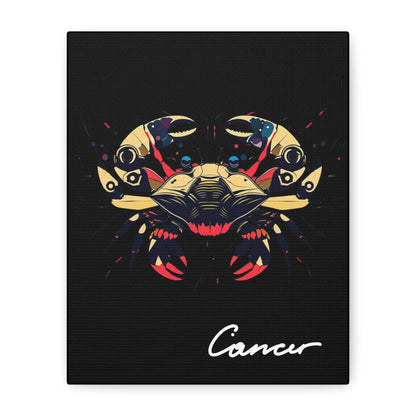 Close-up of Cancer zodiac canvas art featuring a bold golden crab illustration with colorful cosmic splashes on black background and stylized Cancer text.