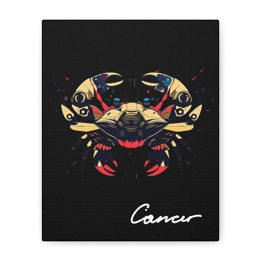 Close-up of Cancer zodiac canvas art featuring a bold golden crab illustration with colorful cosmic splashes on black background and stylized Cancer text.