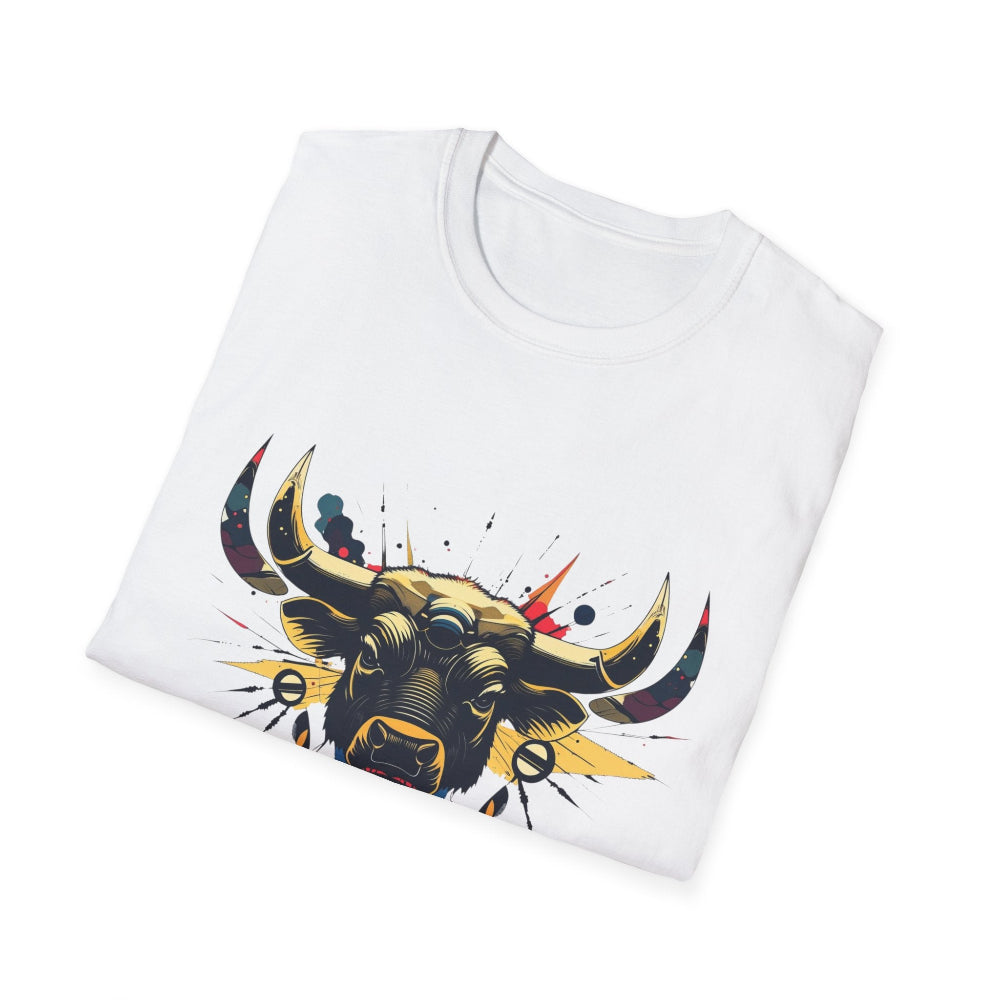 White folded unisex cotton t-shirt featuring bold Taurus zodiac graphic print: vibrant abstract bull head portrait with large curved horns, intense expression, geometric patterns, and dynamic multicolored paint splatters in gold, red, navy, teal, and black tones exploding outward. Elegant black cursive "Taurus" text below. Astrology zodiac motivational crewneck tee.