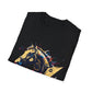 Black folded unisex cotton t-shirt featuring bold Year of the Horse graphic print: vibrant abstract horse head portrait with detailed mane, intense eye, bridle and harness, geometric accents, and dynamic multicolored paint splatters in gold, blue, red, black, and teal tones exploding outward. Chinese text "马年" (Year of the Horse) printed below in white. Zodiac Chinese New Year motivational crewneck tee.