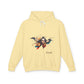 Yellow hoodie with a colorful graphic design and 'Feral' text on a white background