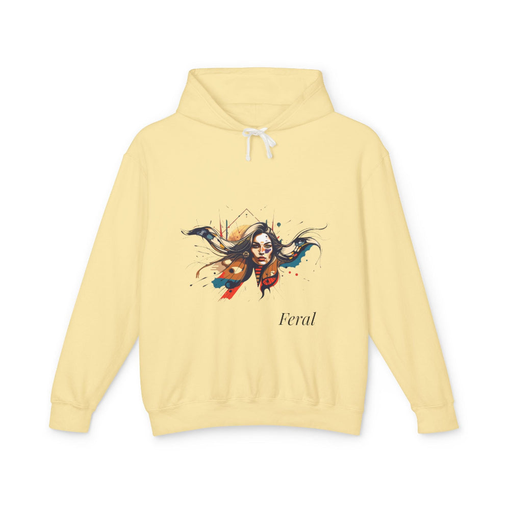 Yellow hoodie with a colorful graphic design and 'Feral' text on a white background