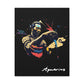 Close up of black canvas wall art print of colorful abstract Aquarius water bearer pouring vessel with tribal face paint and cosmic splatters on dark background, featuring "Aquarius" in elegant white cursive.