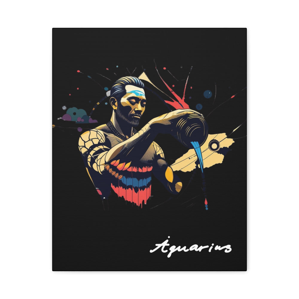 Close up of black canvas wall art print of colorful abstract Aquarius water bearer pouring vessel with tribal face paint and cosmic splatters on dark background, featuring "Aquarius" in elegant white cursive.