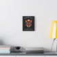 Black canvas wall art print of colorful abstract wolf head with intense eyes, geometric accents, and cosmic splatters on dark background. Arched white text "SHADOW GUIDE" above and quote "Even when fear appears, your intuition shows the way" below. Modern motivational zodiac decor hung on white wall above console table with books and yellow lamp.