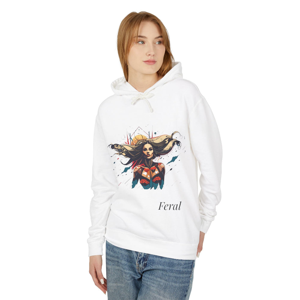 Young girl weaing a White hoodie with vibrant artistic print of a fierce woman with long flowing hair, red-orange armored top, colorful paint splash background, geometric sun elements, "Feral" text below