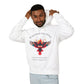 Man modeling a white hoodie with 'Remember The Bond' inspirational bird graphic and quote 'Even when forms change, The love remains alive' printed on the front.