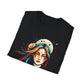 Black folded unisex cotton t-shirt featuring bold "Feral" graphic print: vibrant abstract portrait of a fierce woman with wild flowing multicolored hair, intense expression, tribal markings, colorful geometric accents, and dynamic paint splatters in red, orange, teal, blue, and gold tones bursting outward around an orange moon background. White elegant cursive "Feral" text below. Wild feminine energy motivational crewneck tee.