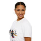 White unisex cotton t-shirt in side profile on smiling woman with braided hair, featuring bold Sagittarius zodiac graphic on chest: vibrant abstract archer silhouette drawing bow, dynamic warrior pose with flowing cape, intricate armor details, and explosive multicolored paint splatters in gold, red, navy, teal, and black tones bursting outward. Elegant black cursive "Sagittarius" text below. Astrology zodiac motivational crewneck tee.