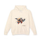 Beige hoodie with a colorful graphic design and the word 'Feral' on a white background
