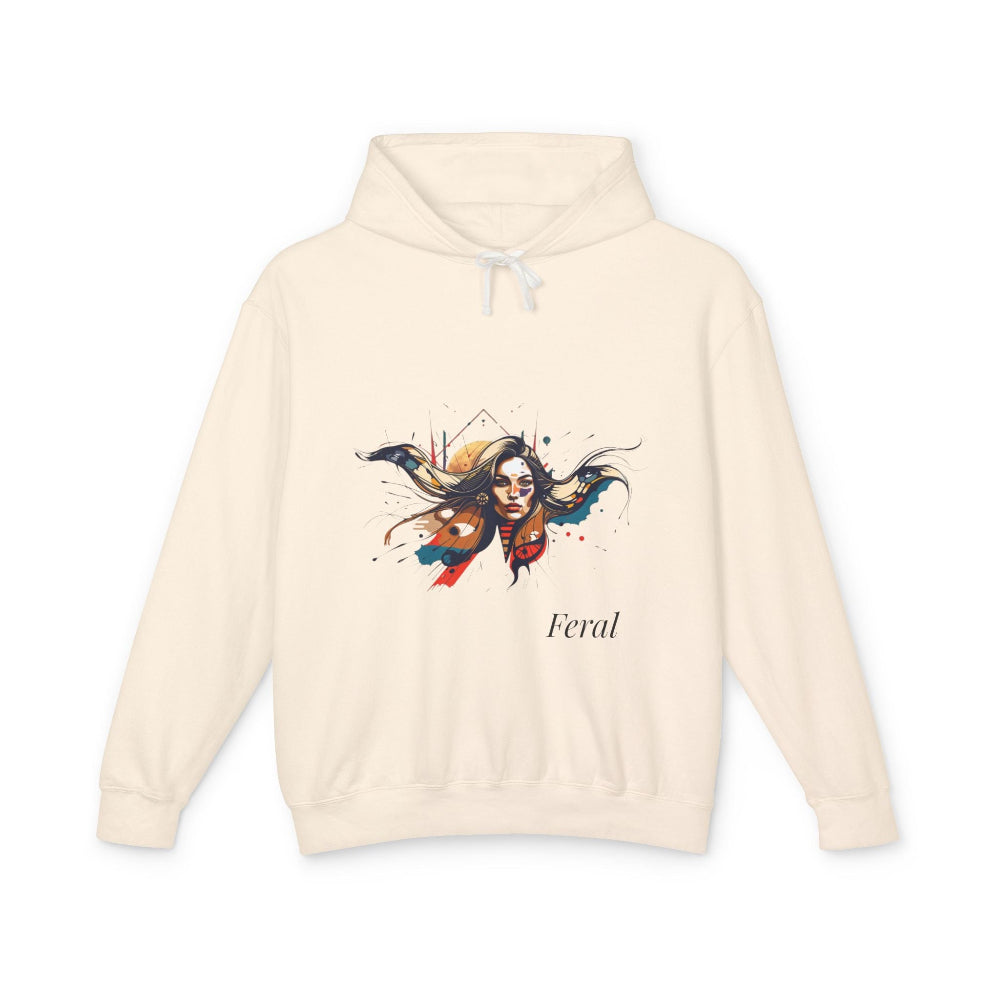 Beige hoodie with a colorful graphic design and the word 'Feral' on a white background