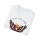 White folded unisex cotton t-shirt featuring bold "Trust Your Vision" graphic: vibrant abstract phoenix/eagle with spread wings, intense expression, colorful geometric accents, and dynamic paint splatters in red, orange, teal, blue, and gold tones bursting outward around an orange moon background. Arched white text "TRUST YOUR VISION" above and smaller inspirational quote "Even when others can't see what you see" below. Motivational spiritual empowerment crewneck tee.