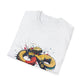White folded unisex cotton t-shirt featuring bold Year of the Snake graphic print: vibrant abstract coiled snake in infinity/figure-8 shape with fierce expression, detailed scales, hypnotic eyes, and dynamic multicolored paint splatters in gold, red, black, green, teal, and orange tones exploding outward. Chinese text "蛇年" (Year of the Snake) printed below in black. Zodiac Chinese New Year motivational crewneck tee.