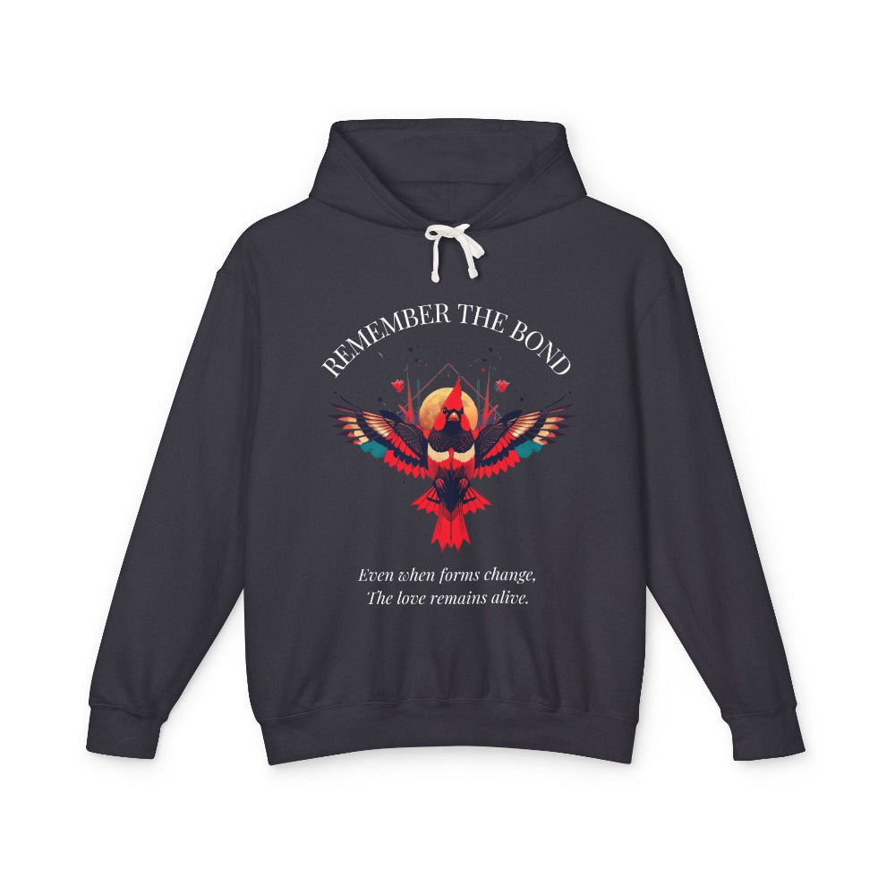 Black hoodie with 'Remember The Bond' inspirational bird graphic and quote 'Even when forms change, The love remains alive' printed on the chest.