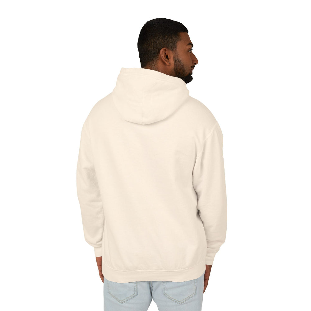 Back view of a man wearing cream hoodie, plain solid fabric with no print or design, hood up