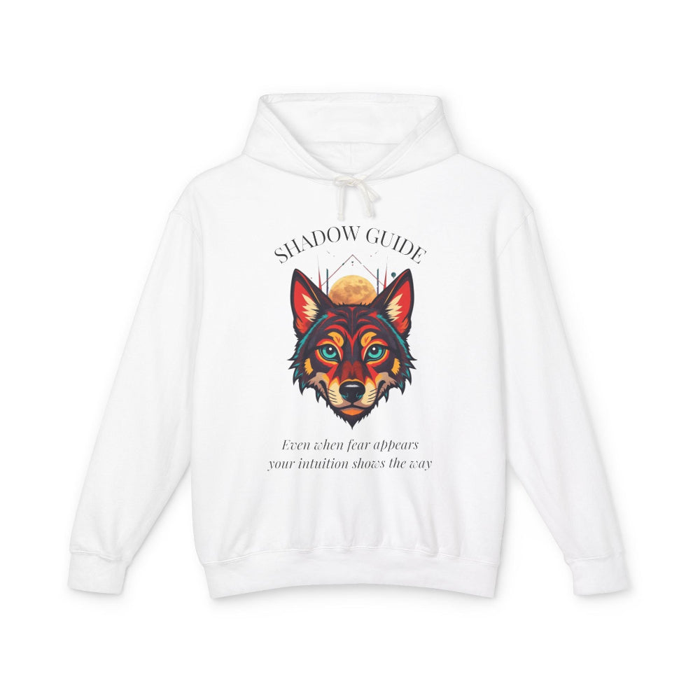 White hoodie with vibrant multicolored wolf head graphic, intense eyes in orange blue teal splashes, full moon above, "SHADOW GUIDE" arched text, motivational quote "Even when fear appears, your intuition shows the way" below