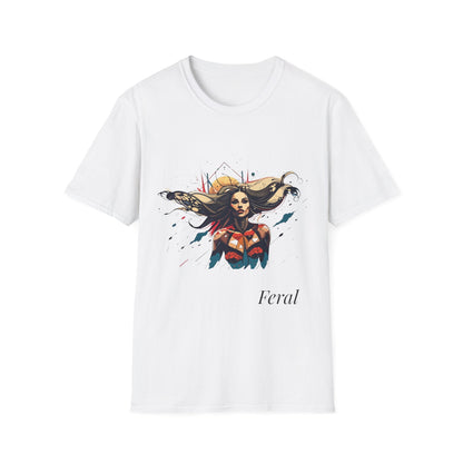White unisex cotton t-shirt featuring bold "Feral" graphic: vibrant abstract portrait of a fierce woman with wild flowing hair, intense expression, tribal markings, colorful geometric accents, and dynamic paint splatters in red, orange, teal, blue, and gold tones bursting outward around an orange moon background. White elegant cursive "Feral" text below. Wild feminine energy motivational crewneck tee.