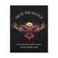 Close up of black canvas wall art print featuring colorful abstract owl with intense eyes, detailed feathers, geometric accents, and cosmic splatters on dark background. Arched white text "TRUST THE SILENCE" above and quote "Even when the world is quiet, wisdom speaks softly" below.