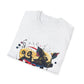 White folded unisex cotton t-shirt featuring bold Year of the Pig zodiac graphic print: vibrant abstract pig portrait with detailed snout and ears, playful fierce expression, geometric accents, and dynamic multicolored paint splatters in gold, red, black, blue, teal, and orange tones exploding outward. Chinese text "猪年" (Year of the Pig) printed below in black. Chinese New Year zodiac motivational crewneck tee.