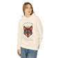 Young woman with long hair modeling cream hoodie featuring vibrant multicolored wolf head graphic, intense eyes in orange blue teal splashes, full moon above, "SHADOW GUIDE" arched text, motivational quote about intuition and fear below