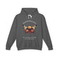 Charcoal gray hoodie featuring colorful abstract butterfly graphic with moon background, "TRANSFORMATION" arched above, and quote "Even when process feels fragile, you are becoming free