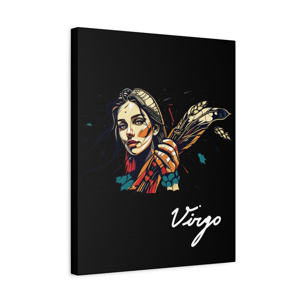 Black canvas wall art print of colorful abstract Virgo woman holding wheat sheaf, serene expression, stylish hair, and cosmic splatters on dark background, featuring "Virgo" in elegant white cursive.