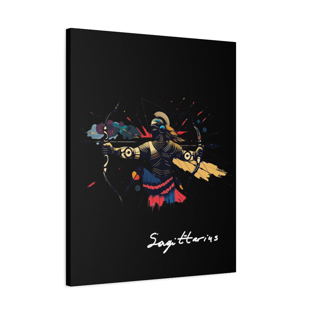 Black canvas wall art print of abstract Sagittarius archer with bow, dynamic pose, flowing cape, and colorful splatters on dark background, featuring "Sagittarius" in elegant white cursive.