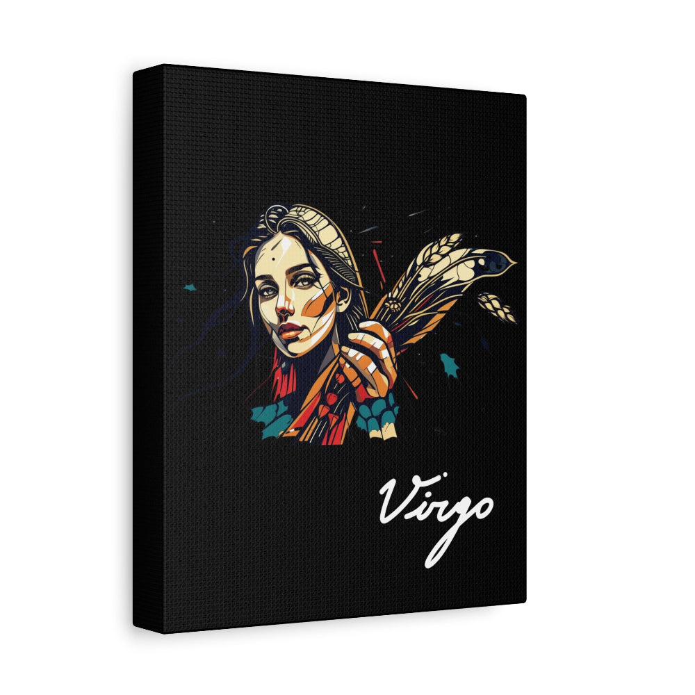 Black canvas wall art print of colorful abstract Virgo woman holding wheat sheaf, serene expression, stylish hair, and cosmic splatters on dark background, featuring "Virgo" in elegant white cursive.