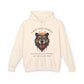 Cream hoodie with vibrant multicolored bear head graphic, roaring expression, fur in blue orange teal splashes, full moon above, "GROUNDED POWER" arched text, motivational quote "Even when life is overwhelming, your roots keep you steady" below