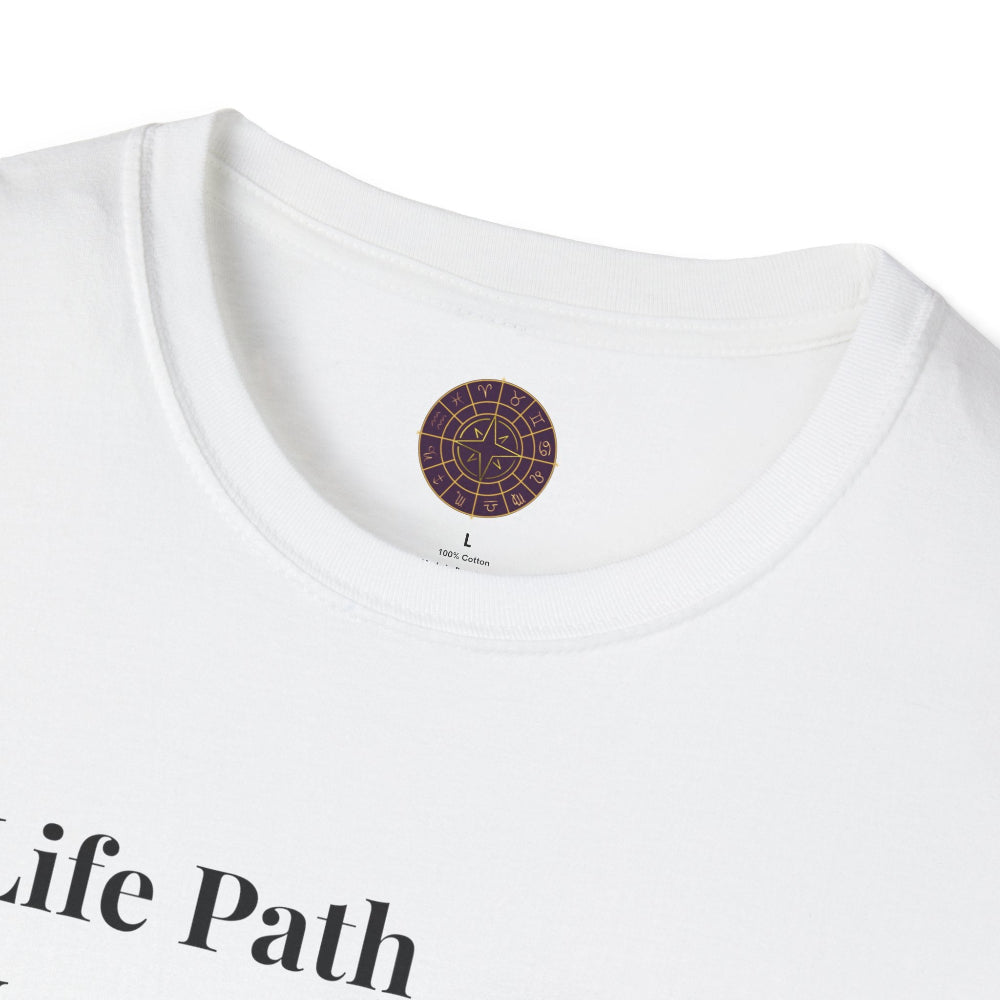 White unisex cotton t-shirt neckline close-up detail: soft ribbed crewneck collar with clean stitching, comfortable fit, inner tag featuring a purple and gold circular zodiac wheel logo with 12 astrological signs arranged around the rim and central glowing star compass design. 100% cotton premium quality label visible. Essential motivational tee collar detail.