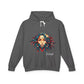 Gray hoodie with a colorful graphic of a woman's face and the word 'Feral' on a white background