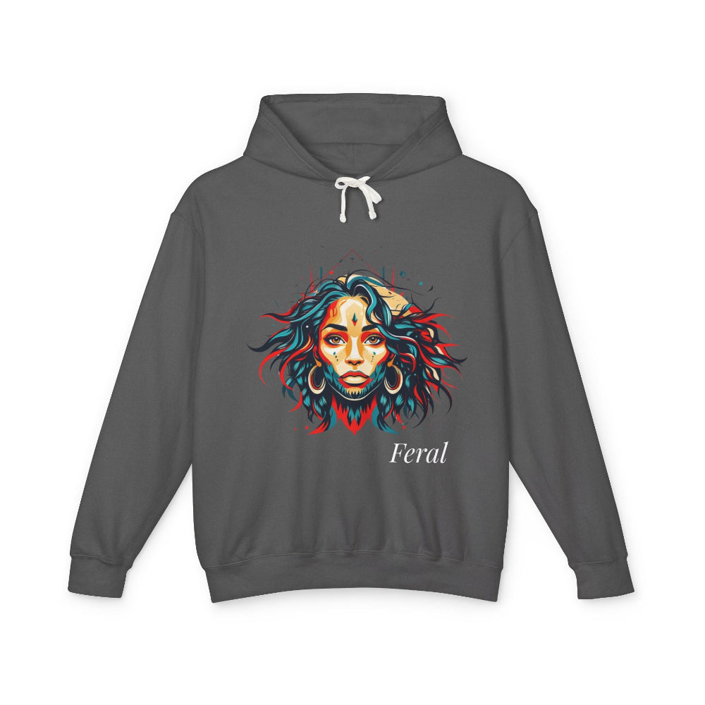 Gray hoodie with a colorful graphic of a woman's face and the word 'Feral' on a white background