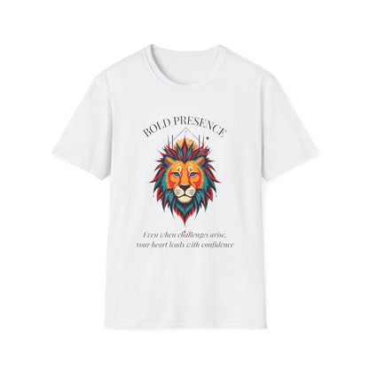 White unisex cotton t-shirt featuring bold "Bold Presence" graphic: vibrant abstract lion head portrait with intense expression, colorful geometric accents, and dynamic paint splatters in red, orange, teal, blue, and gold tones bursting outward around an orange moon background. Arched white text "BOLD PRESENCE" above and smaller inspirational quote "Even when challenges arise, your heart leads with confidence" below. Motivational spiritual empowerment crewneck tee.