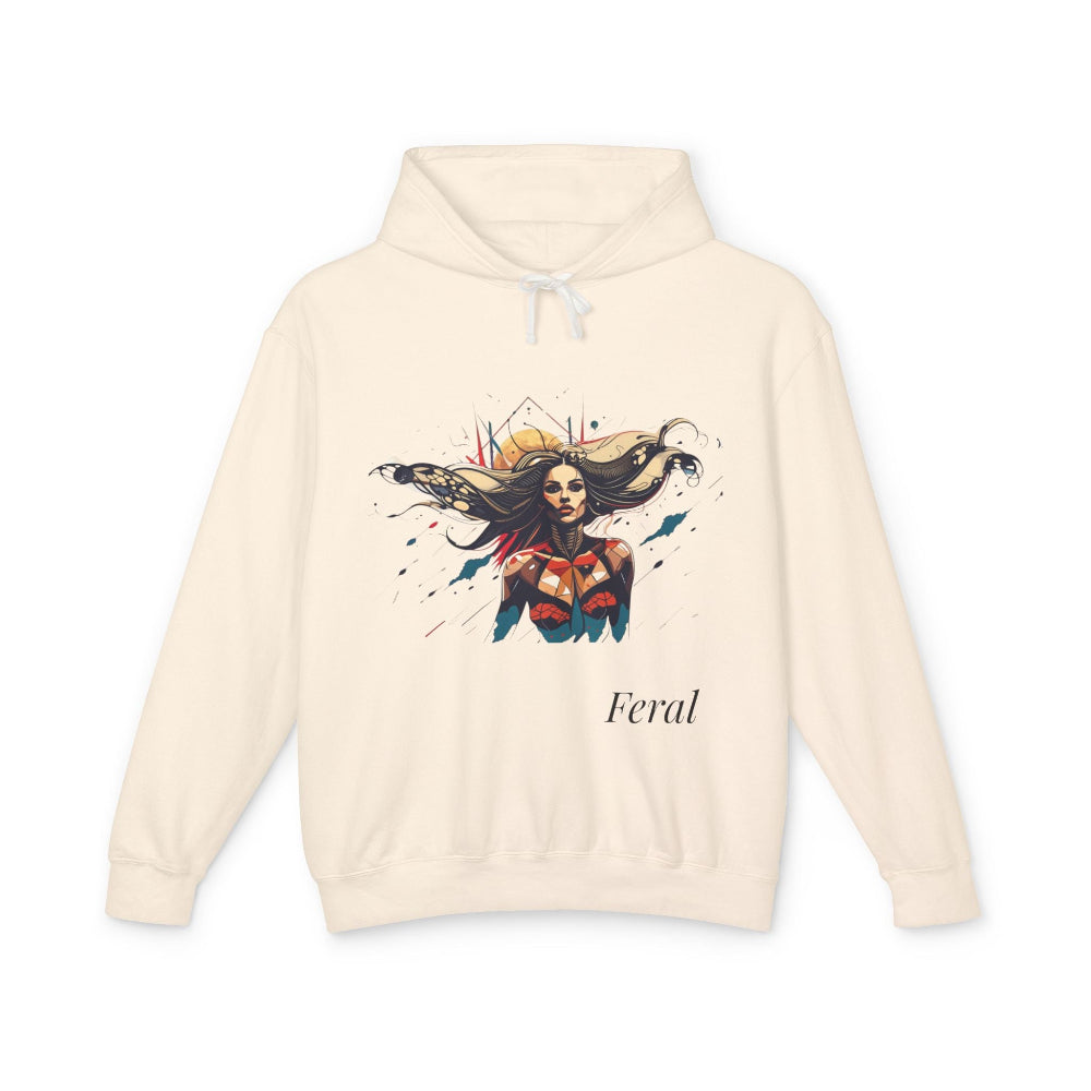 Cream hoodie with colorful artistic print of a fierce woman with long flowing hair, wearing red and orange armored top, splash paint style background, text "Feral" below