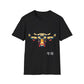 Black unisex cotton t-shirt featuring bold Year of the Ox graphic: vibrant abstract ox/bull face portrait with large curved horns, intense eyes, geometric patterns, and dynamic multicolored paint splatters in gold, red, blue, teal, and black tones exploding outward. Chinese text "牛年" (Year of the Ox) printed below in black. Zodiac Chinese New Year motivational crewneck tee.