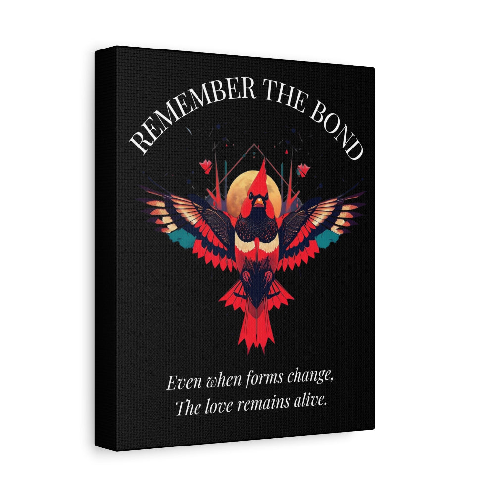Remember The Bond" cardinal memorial canvas art. Features a striking red bird illustration and inspirational quote on a high-quality black canvas wrap
