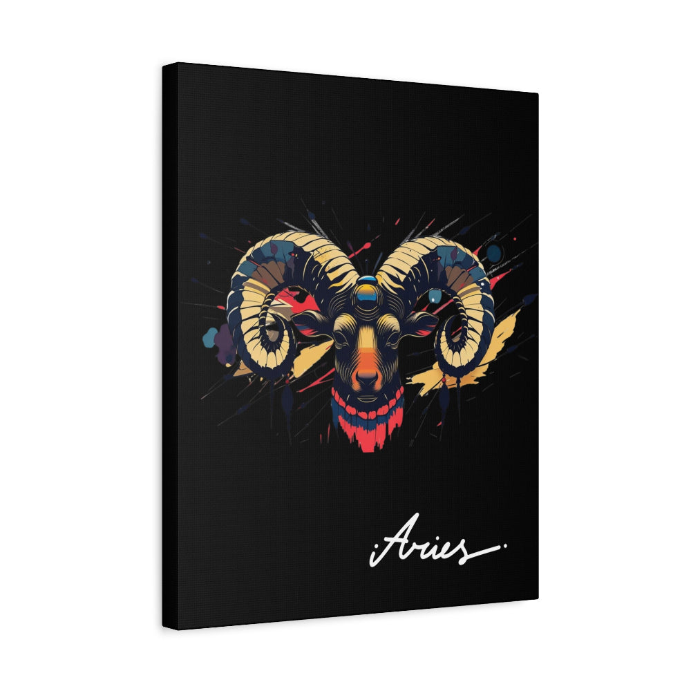 Black canvas wall art print of colorful abstract Aries ram head with curved horns, intense eyes, geometric patterns, and cosmic splatters on dark background, featuring "Aries" in elegant white cursive.
