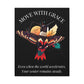 Move With Grace motivational canvas art with colorful hummingbird illustration, golden moon, and quote 'Even when the world accelerates, Your center remains steady' on black background.