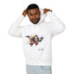 Young man with short hair pulling up the hood of a white hoodie featuring vibrant artistic portrait of a fierce woman with long flowing hair, bold colorful makeup, multicolored splash effects, geometric sun backdrop, "Feral" text below