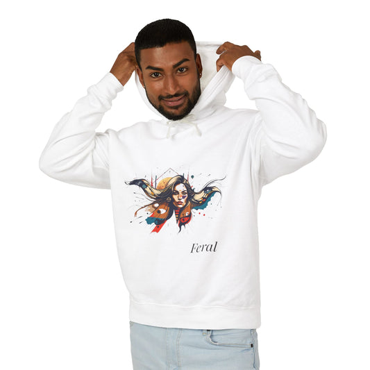 Young man with short hair pulling up the hood of a white hoodie featuring vibrant artistic portrait of a fierce woman with long flowing hair, bold colorful makeup, multicolored splash effects, geometric sun backdrop, "Feral" text below