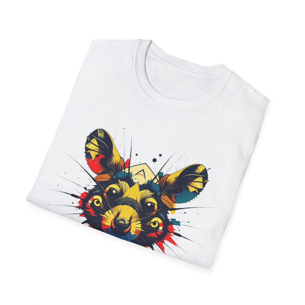 White folded unisex cotton t-shirt featuring bold Year of the Rat graphic print: vibrant abstract rat face portrait with large ears, intense eyes, geometric patterns, and multicolored paint splatters in yellow, red, blue, teal, and orange tones exploding outward. Chinese text "鼠年" (Year of the Rat) printed below in black. Zodiac Chinese New Year motivational crewneck tee.