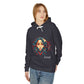 Person wearing a dark hoodie with a colorful graphic design and the word 'Feral' on a white background
