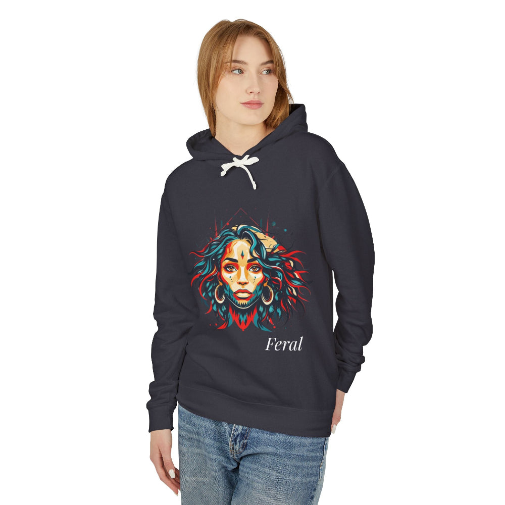 Person wearing a dark hoodie with a colorful graphic design and the word 'Feral' on a white background