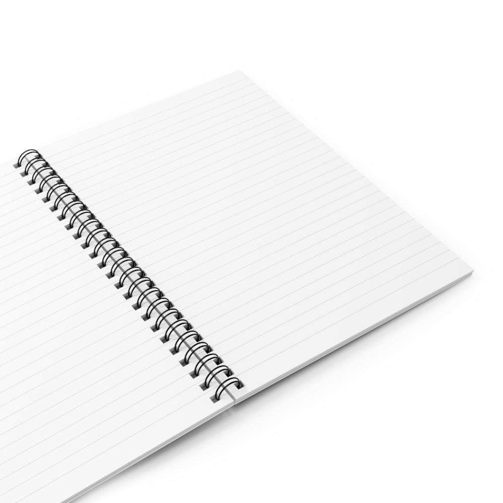 Open spiral-bound notebook showing clean white lined pages with black metal spiral binding, displayed on a white background. Blank ruled interior for notes, journaling, or daily writing. Simple minimalist design.