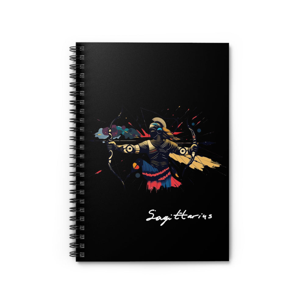 Notebook with a colorful illustration of Sagittarius on a black background