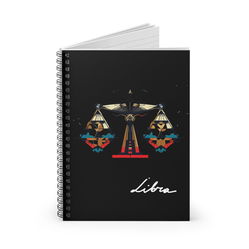 Notebook with a colorful abstract geometric scales of justice design, intricate patterns, and paint splatters on a black background, featuring the word "Libra" in elegant white cursive.