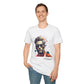 White unisex cotton t-shirt modeled by smiling man with hand in pocket, featuring bold "Primal" graphic: stylized intense man portrait with vibrant red, yellow, blue, teal paint splatters bursting outward. Elegant black "Primal" text below. Primal masculine energy motivational crewneck tee.