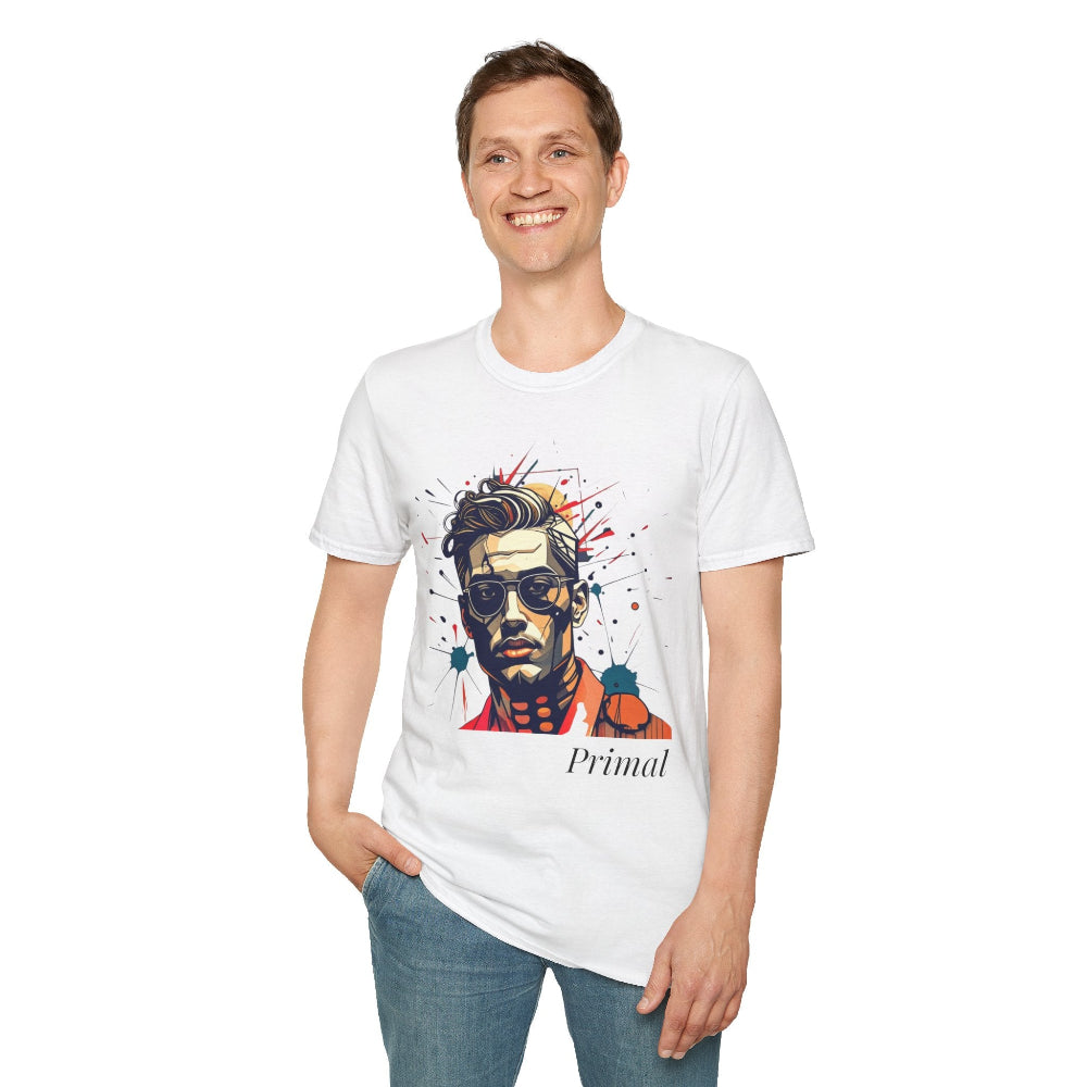 White unisex cotton t-shirt modeled by smiling man with hand in pocket, featuring bold "Primal" graphic: stylized intense man portrait with vibrant red, yellow, blue, teal paint splatters bursting outward. Elegant black "Primal" text below. Primal masculine energy motivational crewneck tee.