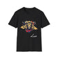 Black unisex cotton t-shirt featuring bold Leo zodiac graphic: vibrant abstract lion head portrait with powerful flowing mane, fierce intense eyes, regal expression, geometric accents, and dynamic multicolored paint splatters in gold, red, navy, teal, and black tones exploding outward. Elegant white cursive "Leo" text below. Astrology zodiac motivational crewneck tee.