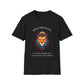 Black unisex cotton t-shirt featuring bold "Bold Presence" graphic: vibrant abstract lion head portrait with intense expression, colorful geometric accents, and dynamic paint splatters in red, orange, teal, blue, and gold tones bursting outward around an orange moon background. Arched white text "BOLD PRESENCE" above and smaller inspirational quote "Even when challenges arise, your heart leads with confidence" below. Motivational spiritual empowerment crewneck tee.